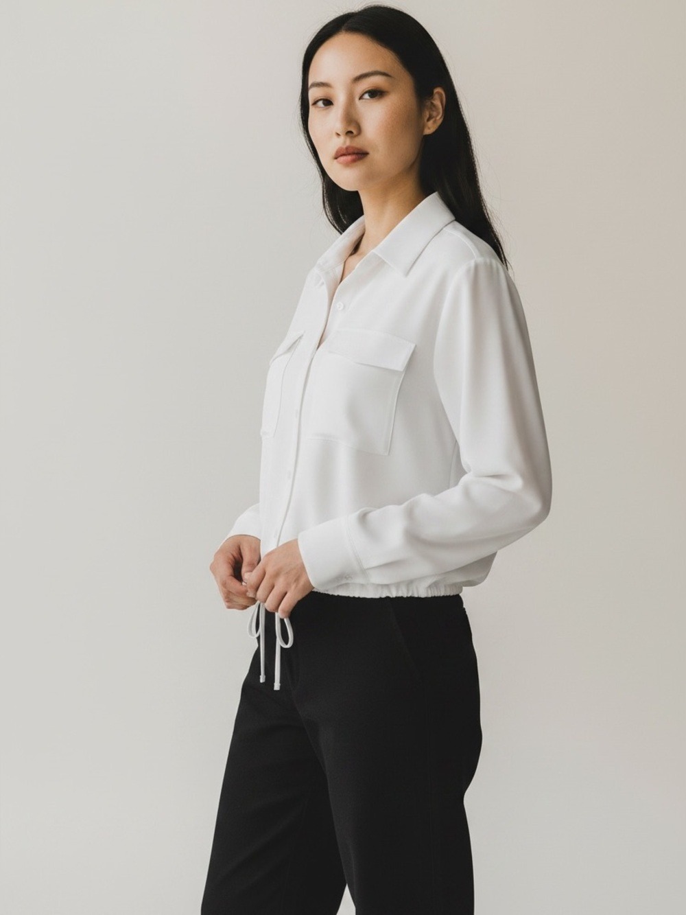 Urban Outfitters White Button-Down Drawstring Hem Shirt - Picture 2 of 8